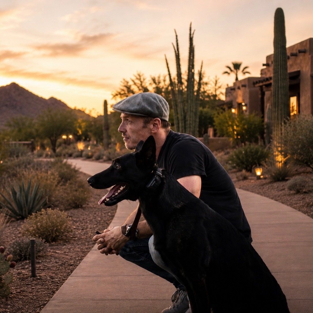 Sean crouching beside a black German shepherd on a desert path at sunset in Arizona, with saguaro cactus and mountains behind them